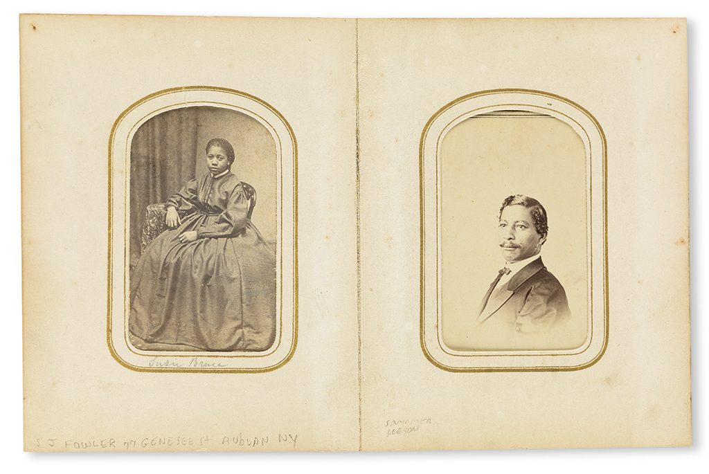 (SLAVERY AND ABOLITION.) PHOTOGRAPHY. Civil War-period carte-de-visite album, including two photographs of Harriet Tubman, one of them